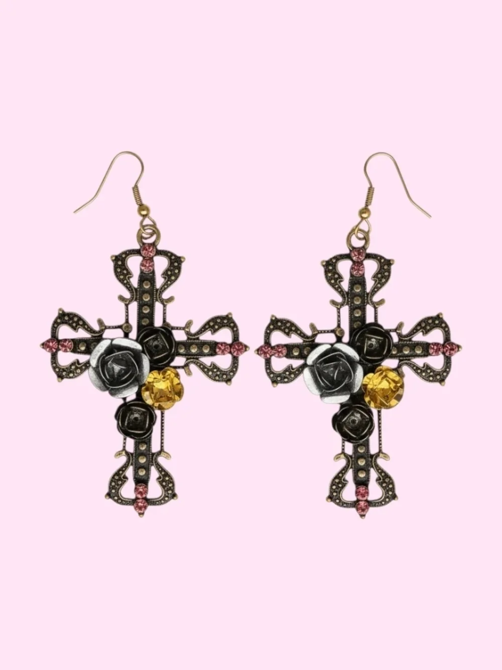 Women's Vintage Inspired Large Statement Ornate Gold Cross Drop Earrings